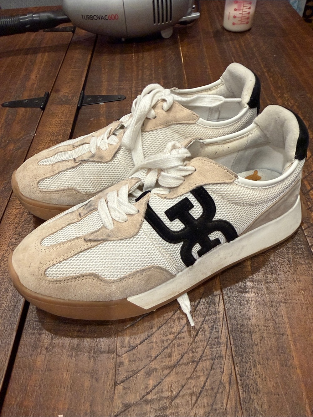 White & Beige Women’s Casual Sneakers with Black Logo